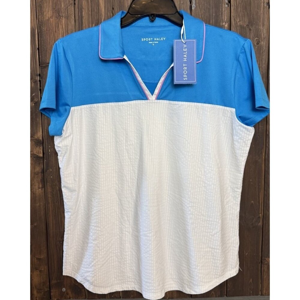 Sport Haley Women's Size LARGE Blue Pink Short Sleeve Athletic Polo Top Golf NEW